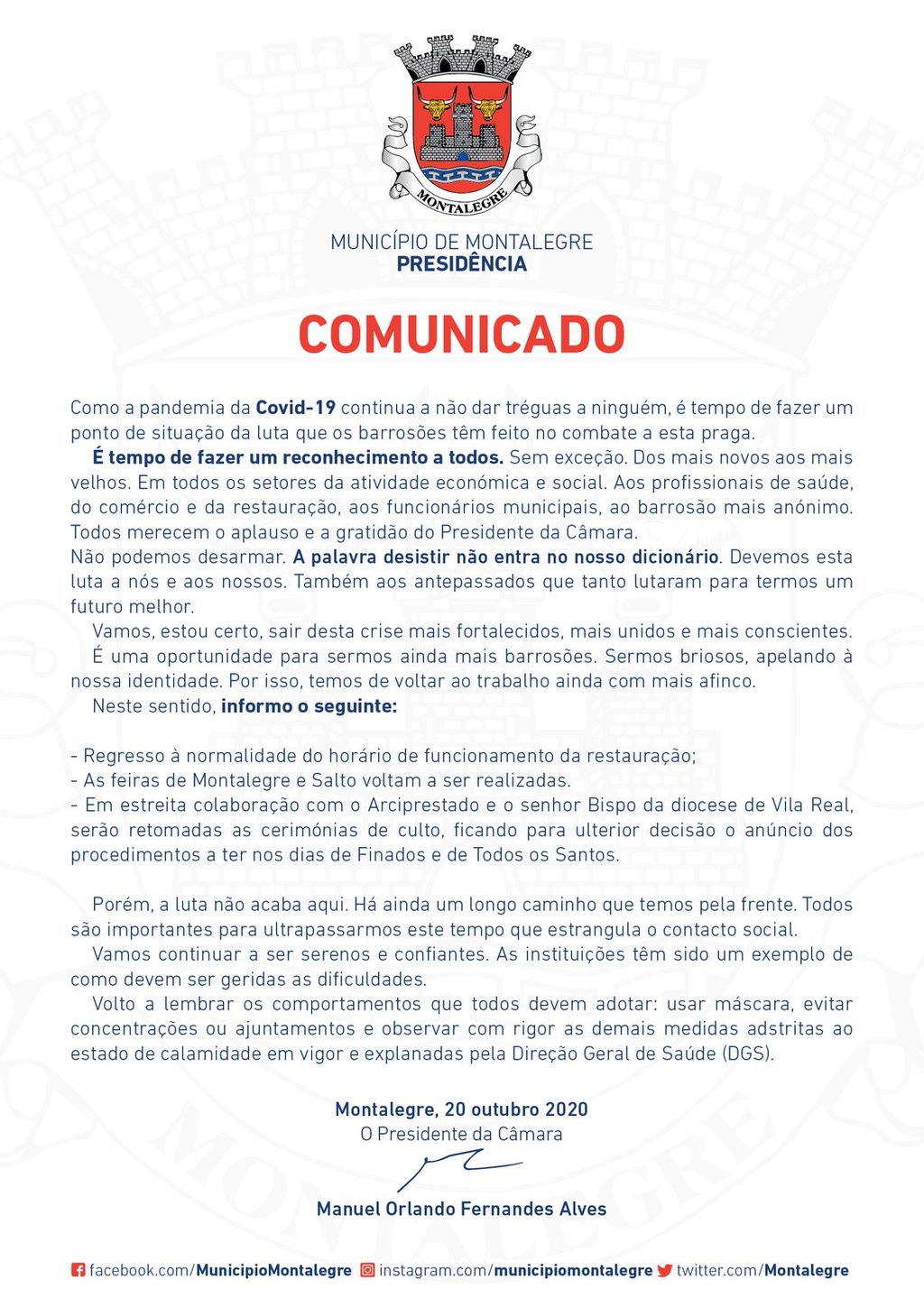 Presidente | Comunicado (20.10.2020)